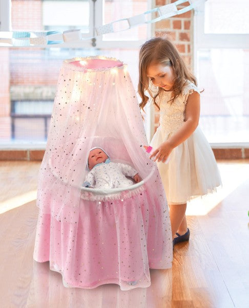 Sweet Dreams Round Doll Bassinet with Canopy and LED Lights - Pink/White/Stars