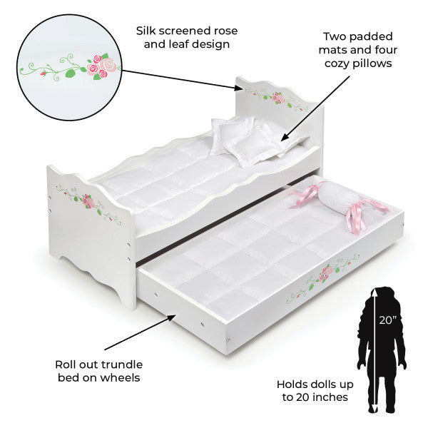 Doll Bed with Trundle and Bedding - White Rose