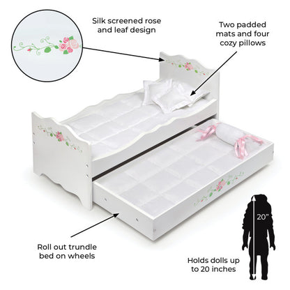 Doll Bed with Trundle and Bedding - White Rose