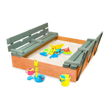 Covered Convertible Cedar Sandbox with Two Bench Seats - Natural/Green