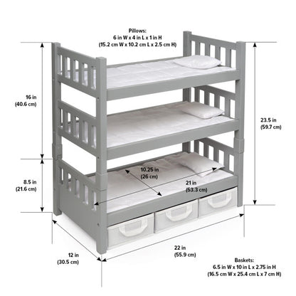 1-2-3 Convertible Doll Bunk Bed with Baskets and Free Personalization Kit - Executive Gray