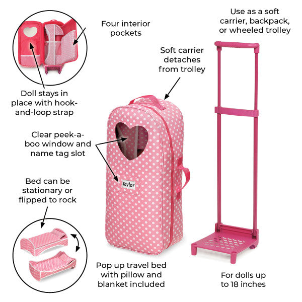 3-in-1 Trolley Doll Carrier with Rocking Bed and Bedding - Pink/Polka Dot