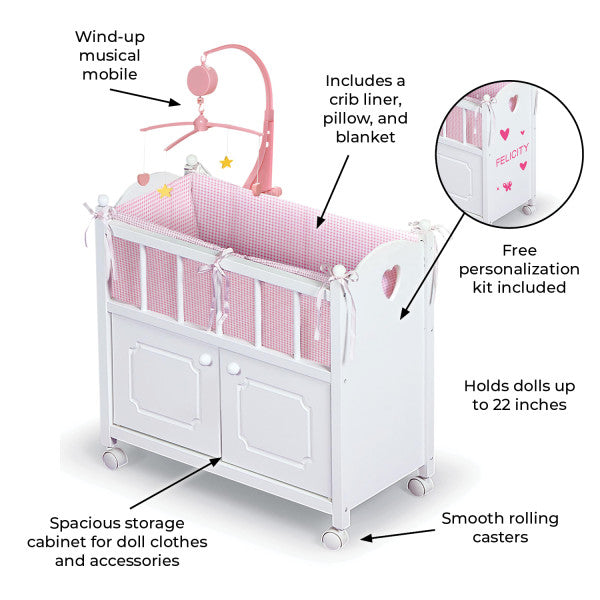 Cabinet Doll Crib with Gingham Bedding and Free Personalization Kit - White/Pink