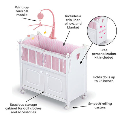 Cabinet Doll Crib with Gingham Bedding and Free Personalization Kit - White/Pink