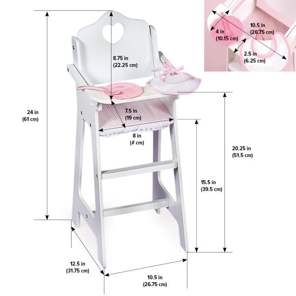 Doll High Chair with Accessories and Free Personalization Kit - White/Pink/Gingham