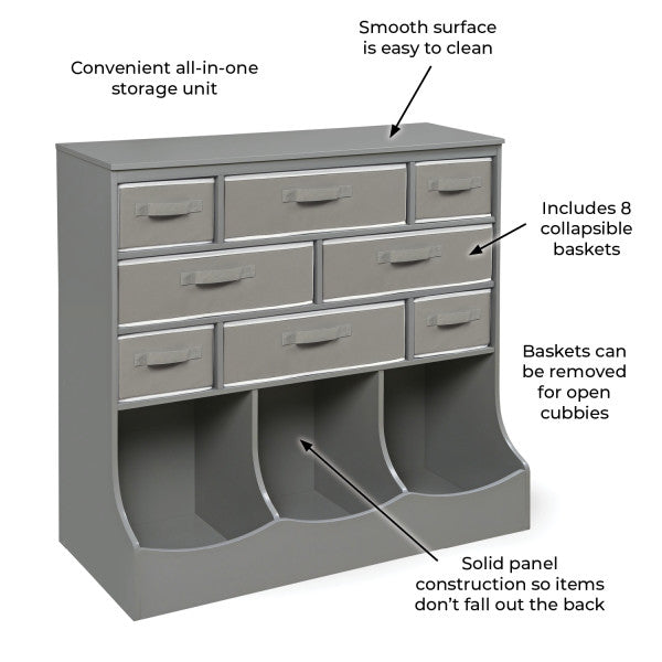 Storage Station with Eight Baskets and Three Bins - Gray