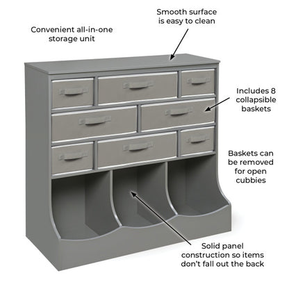 Storage Station with Eight Baskets and Three Bins - Gray