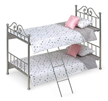 Scrollwork Metal Doll Bunk Bed with Ladder and Bedding - Silver/Pink/Stars