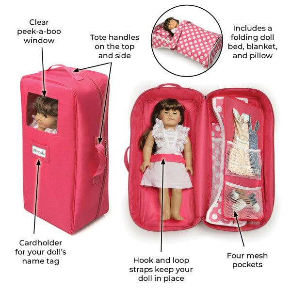 Doll Travel Case with Bed and Bedding - Pink