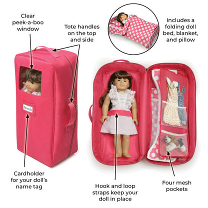 Doll Travel Case with Bed and Bedding - Pink