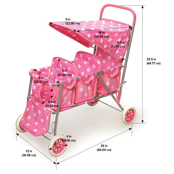 Folding Triple Doll Stroller - Pink/Polka Dots