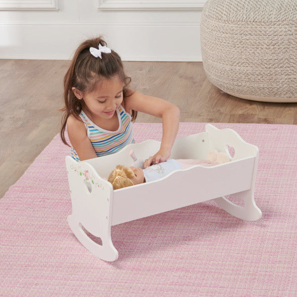 Doll Cradle with Bedding and Free Personalization Kit - White Rose