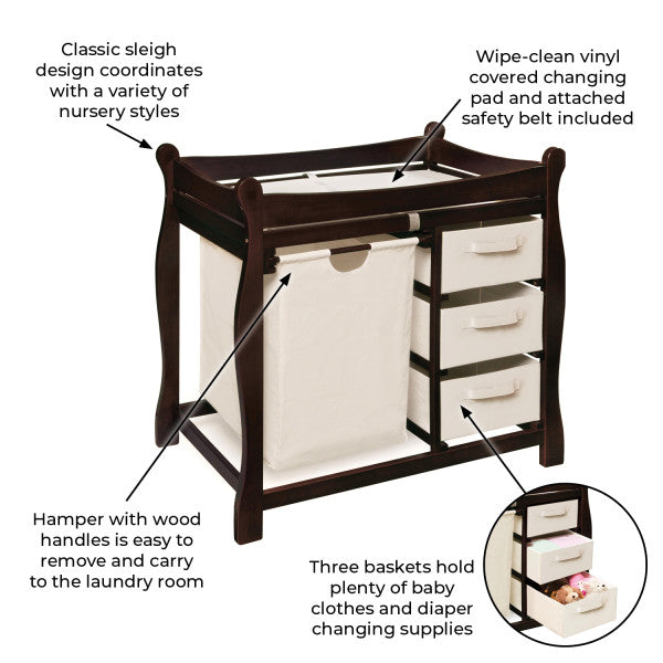 Sleigh Style Baby Changing Table with Hamper and 3 Baskets - Espresso