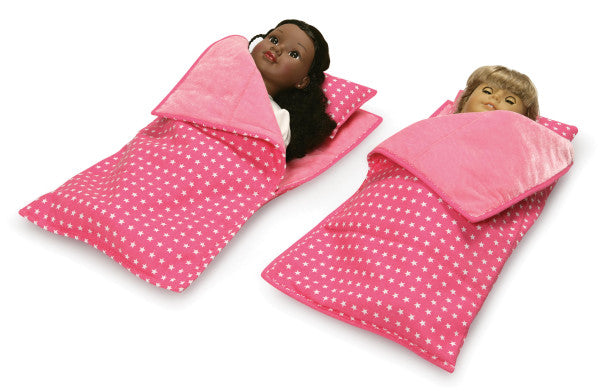 Double Trolley Doll Carrier with Two Sleeping Bags and Pillows - Pink/Star