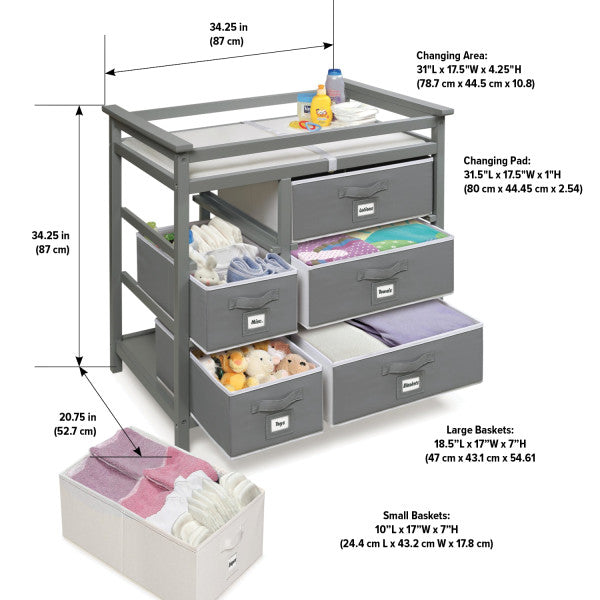 Modern Baby Changing Table with Six Baskets - Gray