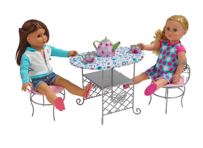 Tea Time Metal Doll Table and Chair Set with Accessories - Silver/Pink/Multi