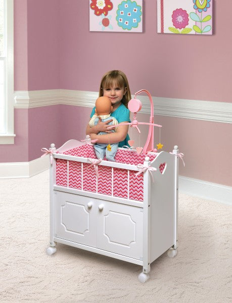 Cabinet Doll Crib with Chevron Bedding and Free Personalization Kit - White/Pink