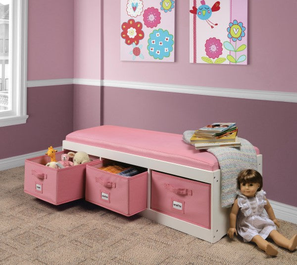 Kid's Storage Bench with Cushion and Three Bins - White with Pink