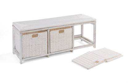 Kid's Storage Bench with Woven Top and Baskets - White