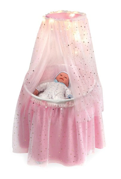 Sweet Dreams Round Doll Bassinet with Canopy and LED Lights - Pink/White/Stars