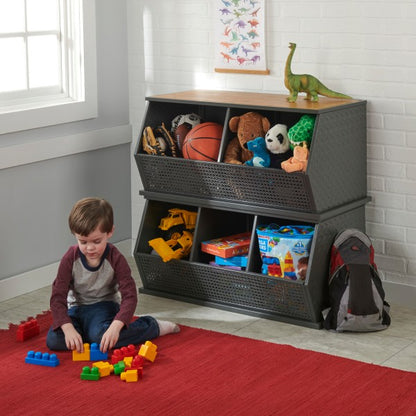 Metal and Bamboo Two Bin Stackable Storage Cubby - Charcoal/Natural