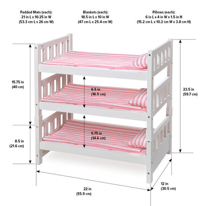 1-2-3 Convertible Doll Bunk Bed with Bedding and Free Personalization Kit - Pink/Stripe