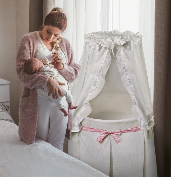 Empress Round Baby Bassinet with Canopy - White Bedding with Gingham Belts