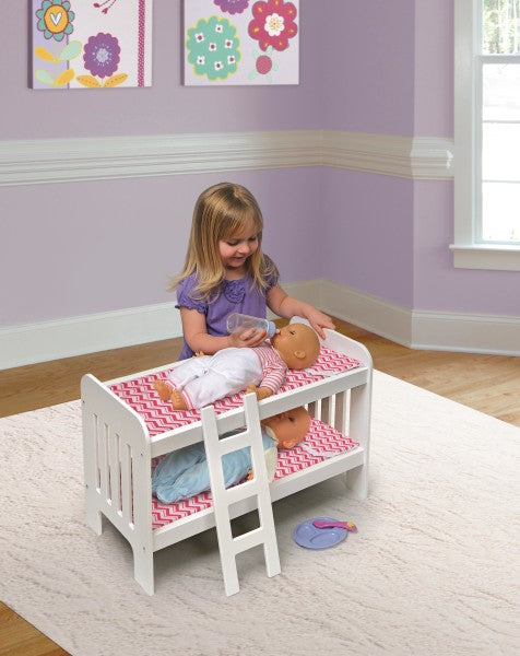 Doll Bunk Bed with Bedding and Ladder - White/Pink/Chevron