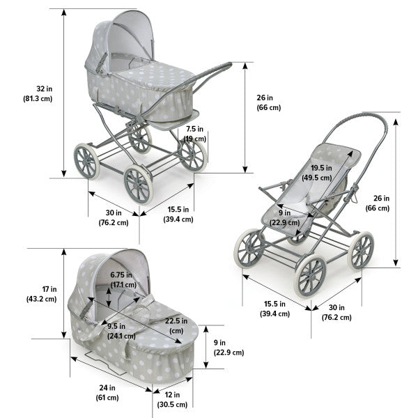 Just Like Mommy 3-in-1 Doll Pram/Carrier/Stroller - Gray/Polka Dots