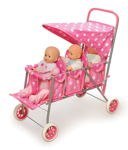 Folding Triple Doll Stroller - Pink/Polka Dots