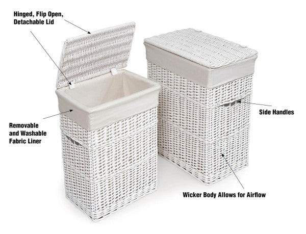 Wicker Two Hamper Set with Liners - White