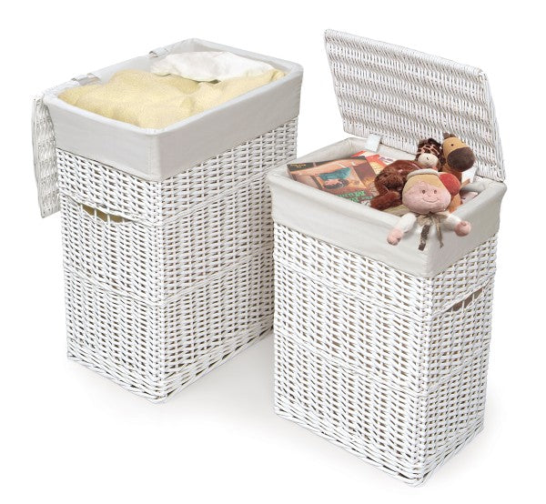 Wicker Two Hamper Set with Liners - White