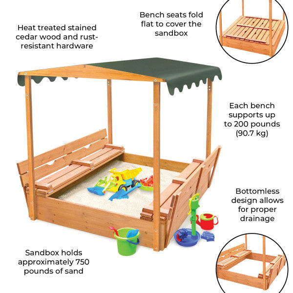 Covered Convertible Cedar Sandbox with Canopy and Two Bench Seats