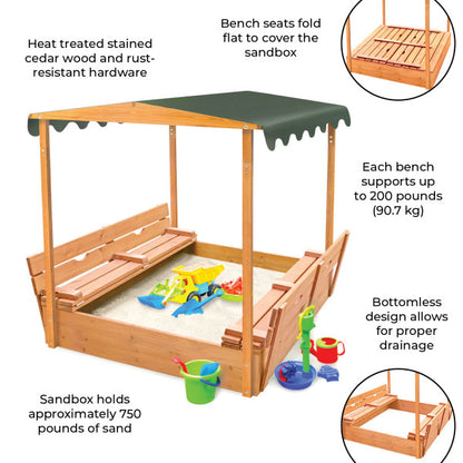 Covered Convertible Cedar Sandbox with Canopy and Two Bench Seats