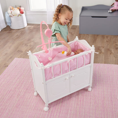 Cabinet Doll Crib with Gingham Bedding and Free Personalization Kit - White/Pink