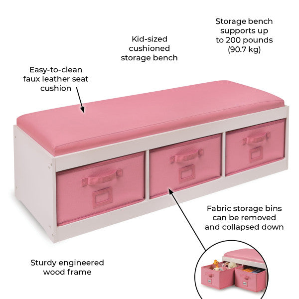 Kid's Storage Bench with Cushion and Three Bins - White with Pink