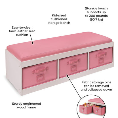 Kid's Storage Bench with Cushion and Three Bins - White with Pink