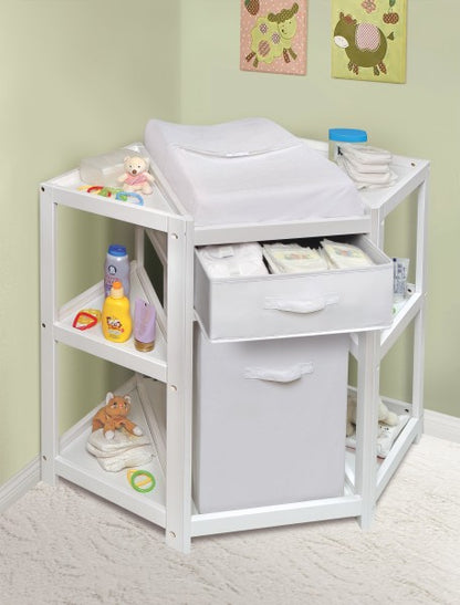 Diaper Corner Baby Changing Table with Hamper and Basket - White