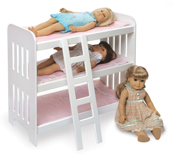 Triple Doll Bunk Bed with Ladder, Bedding, and Free Personalization Kit - Pink Gingham