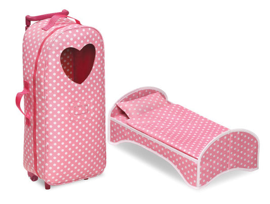 3-in-1 Trolley Doll Carrier with Rocking Bed and Bedding - Pink/Polka Dot