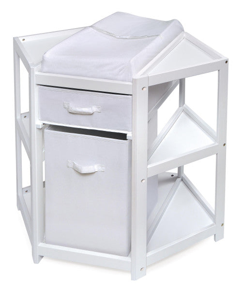 Diaper Corner Baby Changing Table with Hamper and Basket - White