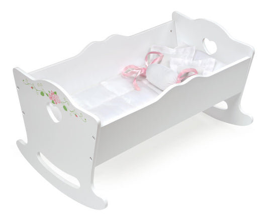 Doll Cradle with Bedding and Free Personalization Kit - White Rose