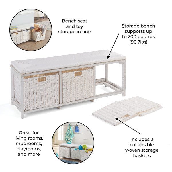 Kid's Storage Bench with Woven Top and Baskets - White