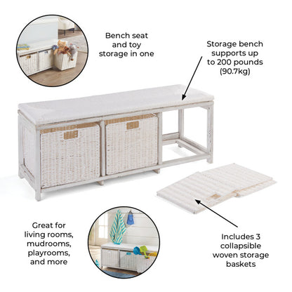 Kid's Storage Bench with Woven Top and Baskets - White