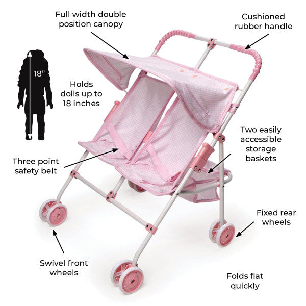 Folding Double Doll Umbrella Stroller - Pink/Gingham