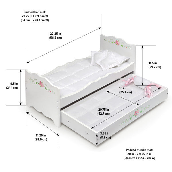 Doll Bed with Trundle and Bedding - White Rose