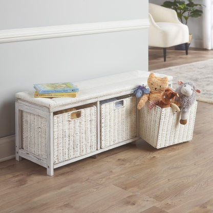 Kid's Storage Bench with Woven Top and Baskets - White