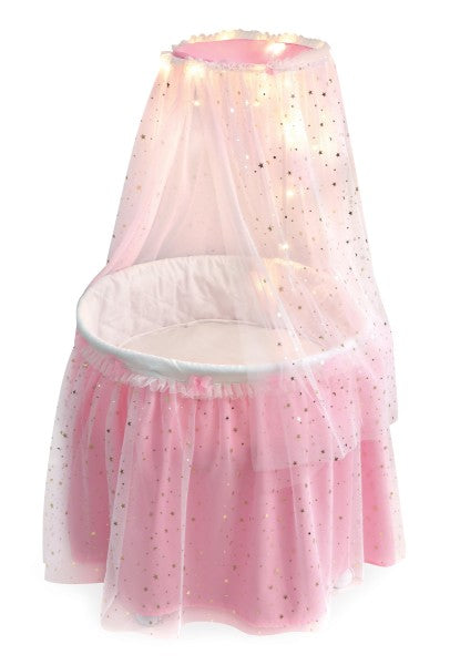 Sweet Dreams Round Doll Bassinet with Canopy and LED Lights - Pink/White/Stars