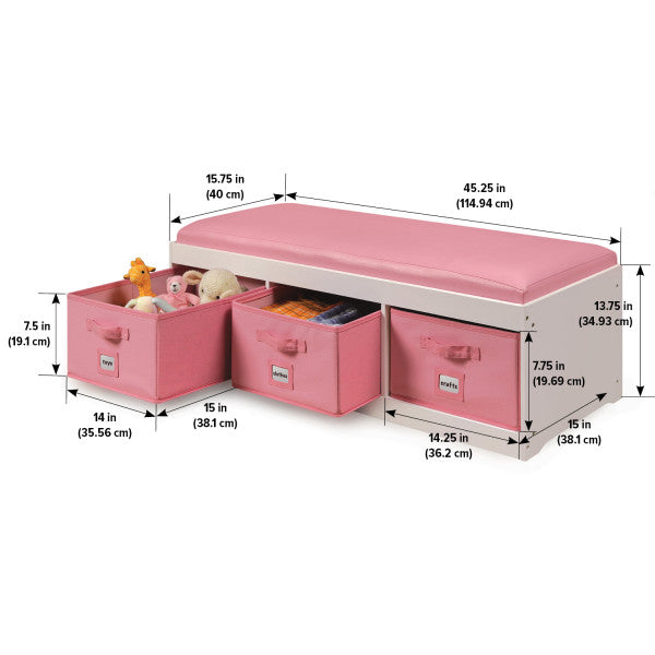 Kid's Storage Bench with Cushion and Three Bins - White with Pink