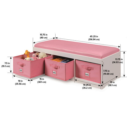 Kid's Storage Bench with Cushion and Three Bins - White with Pink